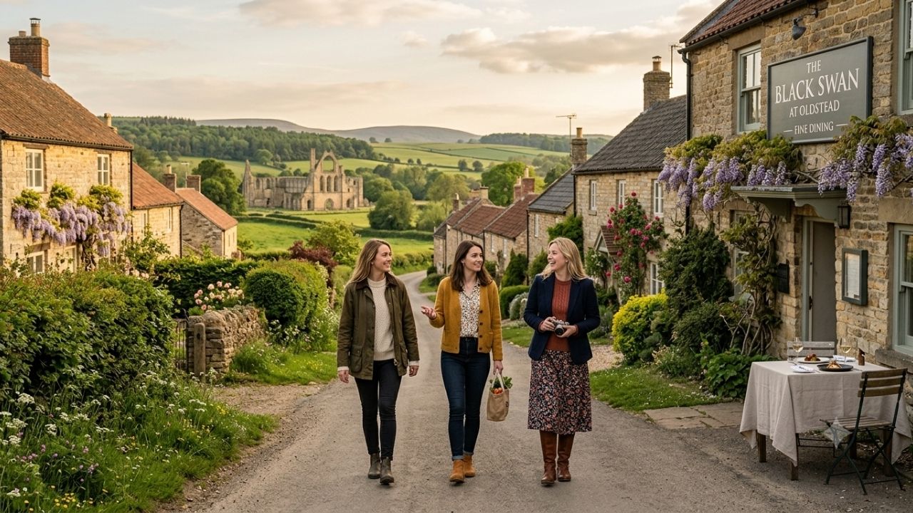 Picturesque stone inn in the rolling green countryside of Oldstead, North Yorkshire.