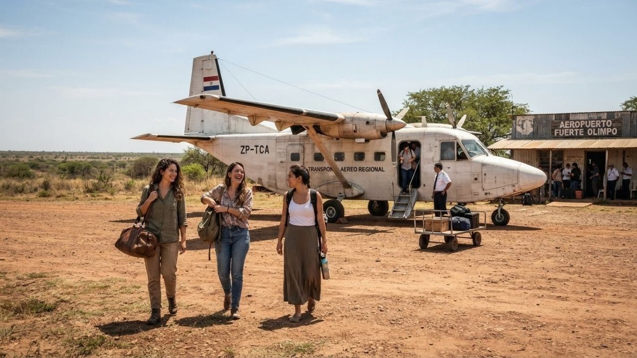 A regional passenger aircraft prepared for takeoff on a rural runway in the Paraguayan Chaco.