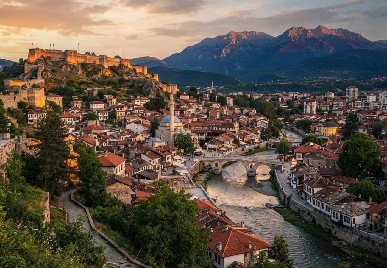 Aerial view of Prizren fortress and Prishtina city skyline