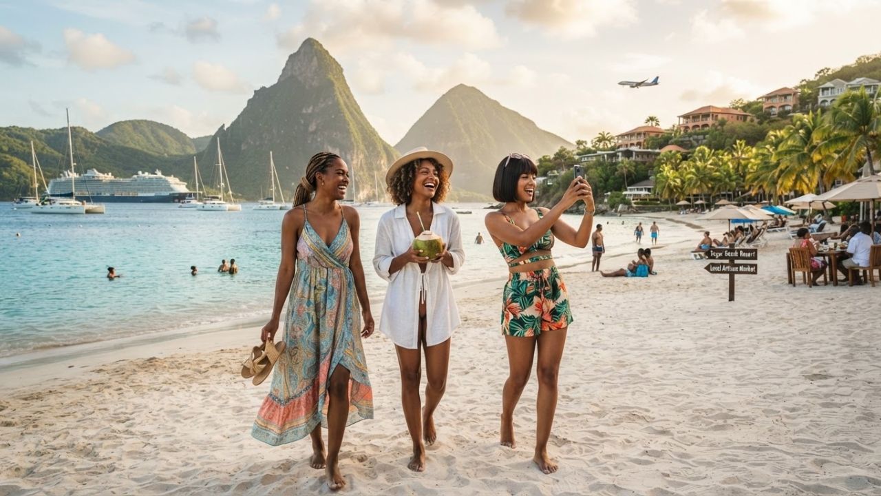A scenic beach view of the iconic Pitons mountains in Saint Lucia under clear tropical skies.