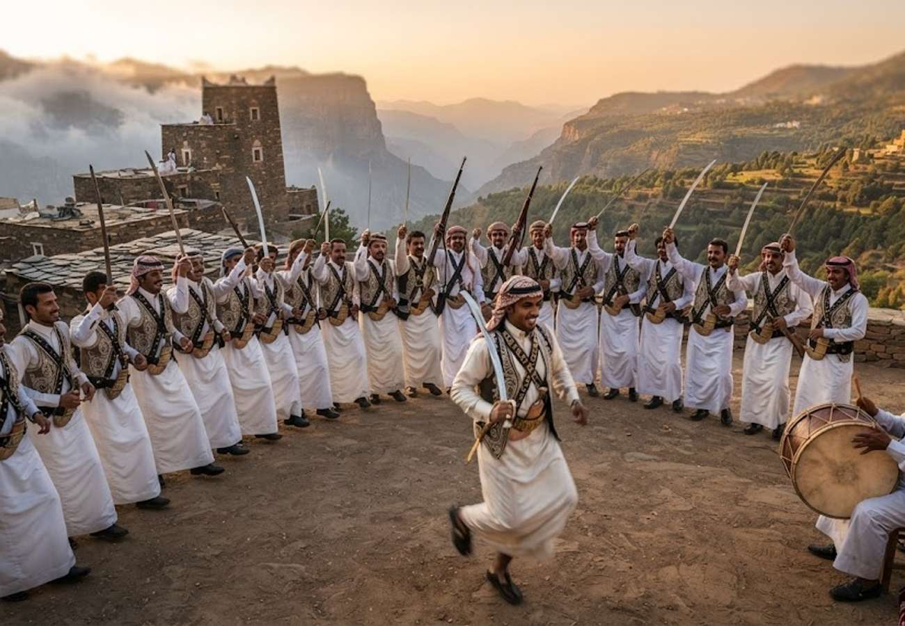 Traditional Southern Ardah sword dance performance in Al-Baha, Saudi Arabia