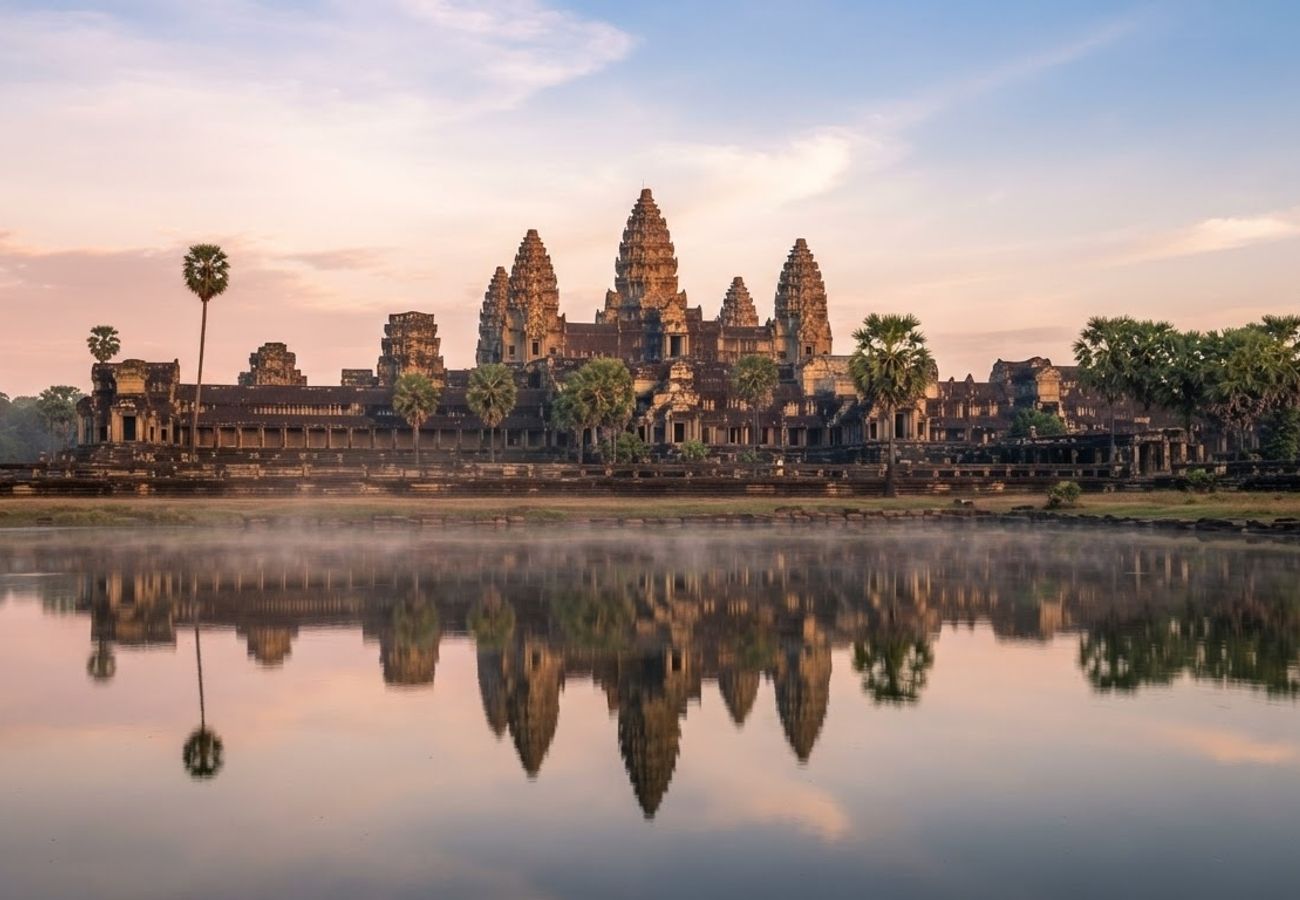 Aerial view of Angkor Wat temple complex in Cambodia