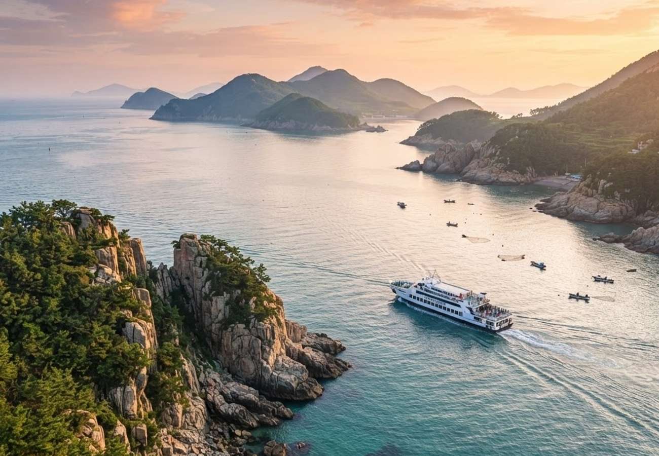 Aerial view of the South Korean southern archipelago and ferry routes