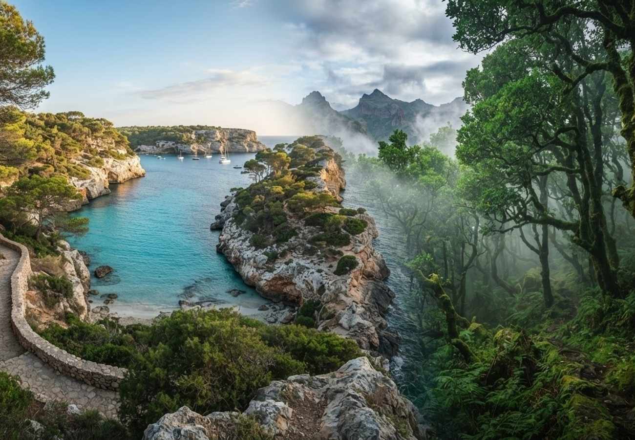 Aerial view of the turquoise waters of Menorca and the volcanic peaks of La Gomera
