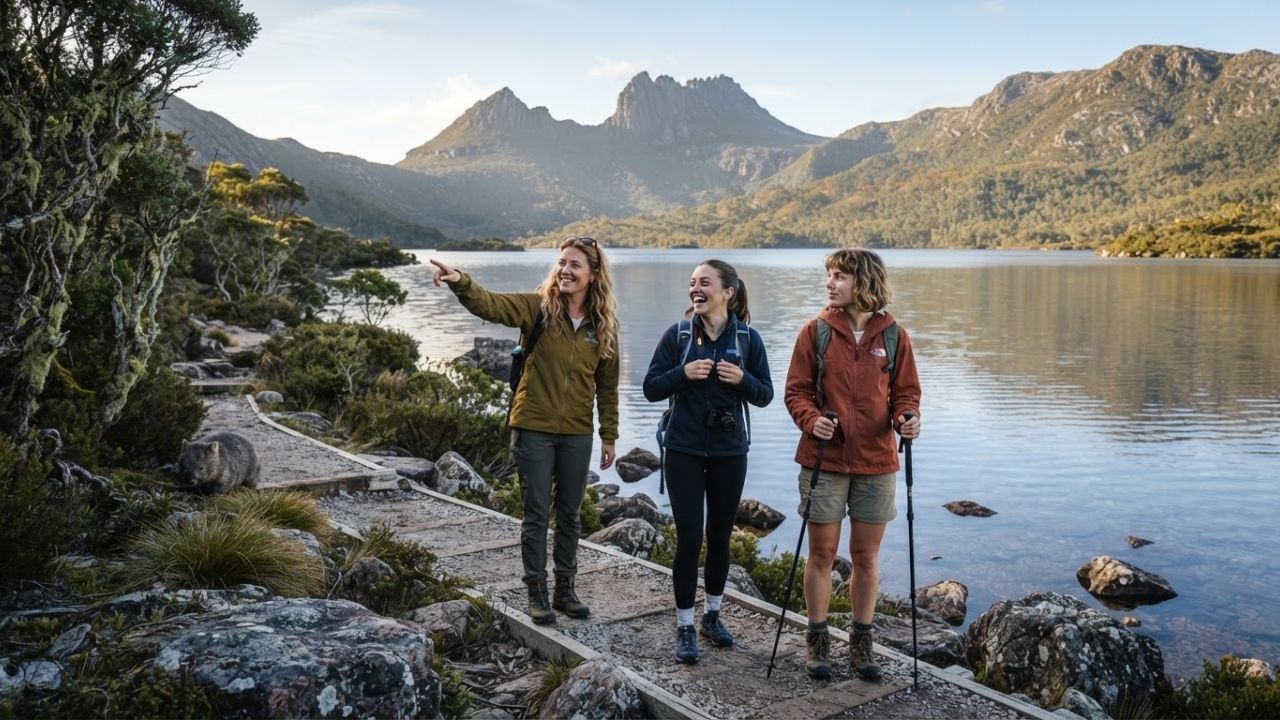 A scenic view of Cradle Mountain reflecting on Dove Lake under clear skies.