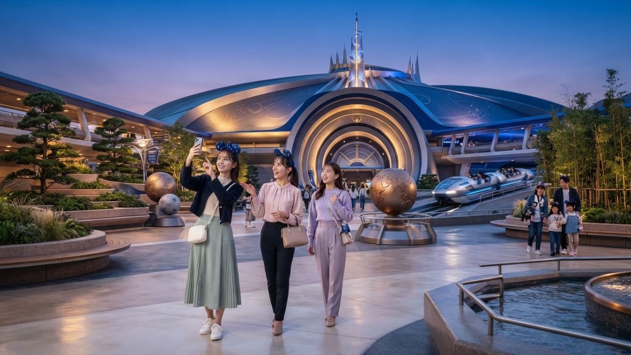 A sleek, futuristic white dome of a space-themed roller coaster under a starry night sky