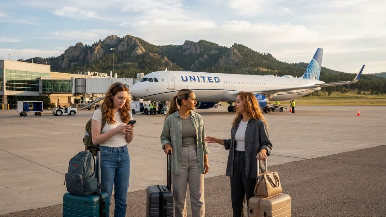 A United Airlines Airbus A321neo parked at a regional airport with mountains in the background