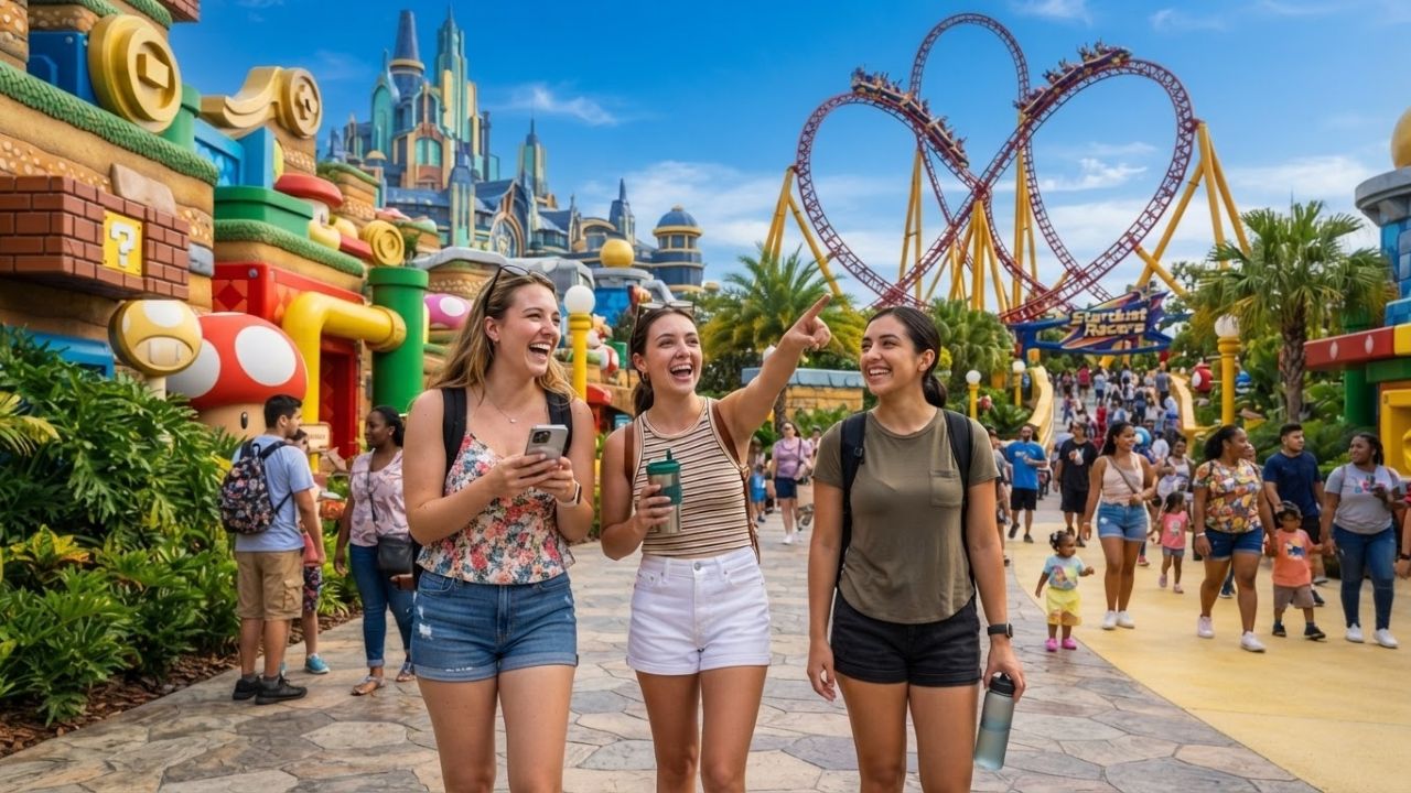 A colorful view of a modern theme park entryway with futuristic buildings and a roller coaster track.