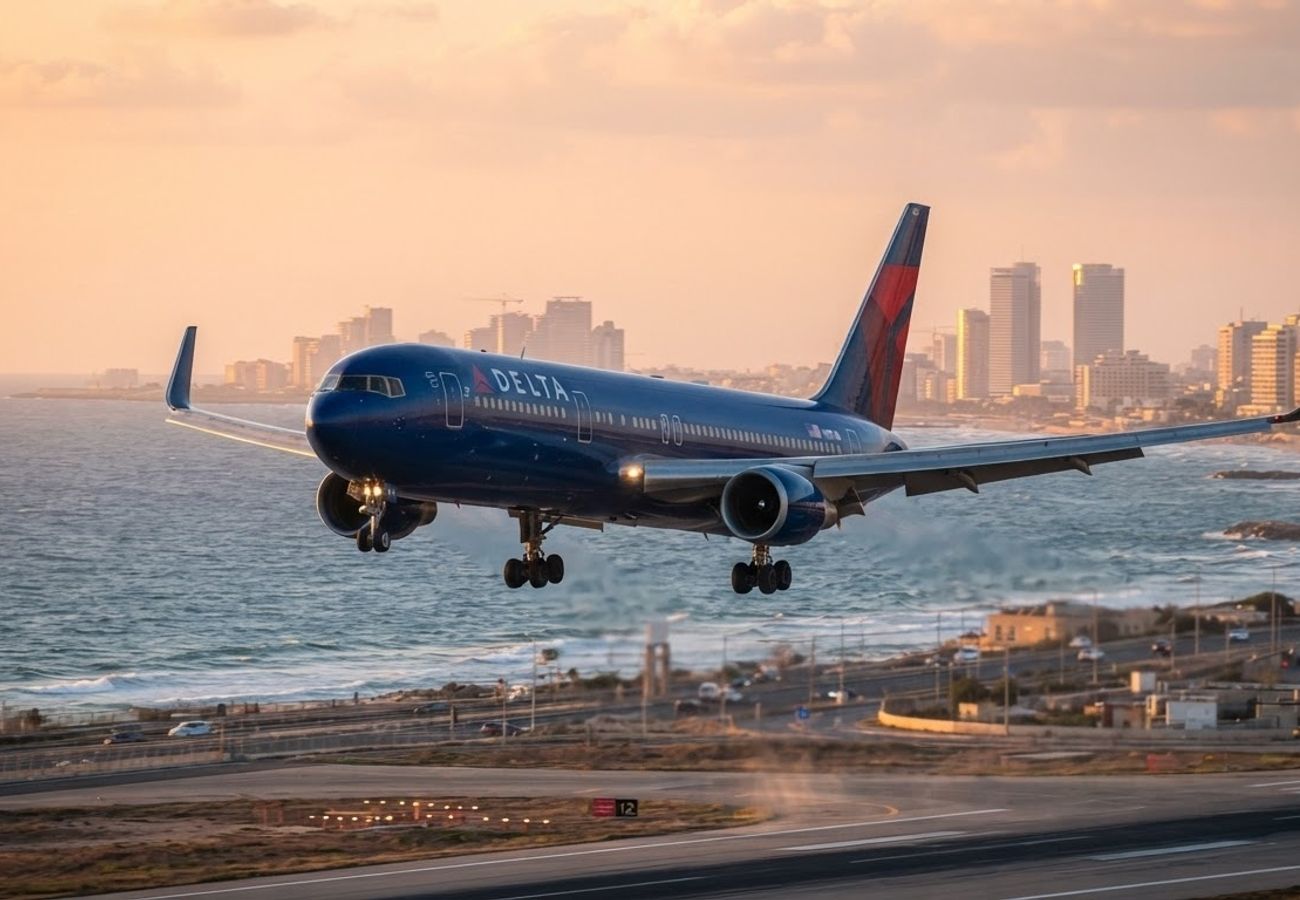 Widebody aircraft landing at Ben Gurion International Airport in Tel Aviv