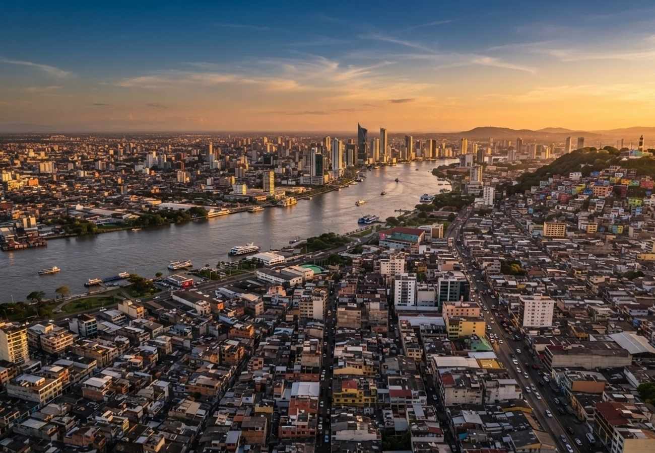 Aerial view of Guayaquil city skyline and coastal port