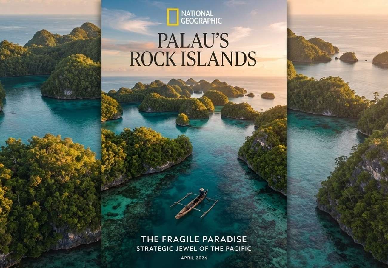 Aerial view of Palau archipelago islands and turquoise waters