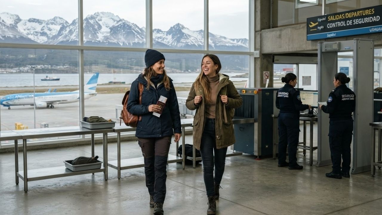 A scenic view of Ushuaia Airport terminal with the snow-capped Andes mountains in the background.