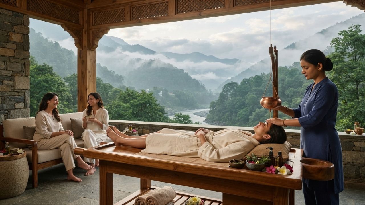 A serene spa treatment room with large glass windows overlooking green Himalayan mountains.