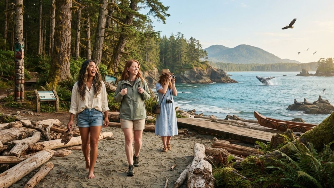 A rugged forested coastline on Vancouver Island with views of the Pacific Ocean and mountains.