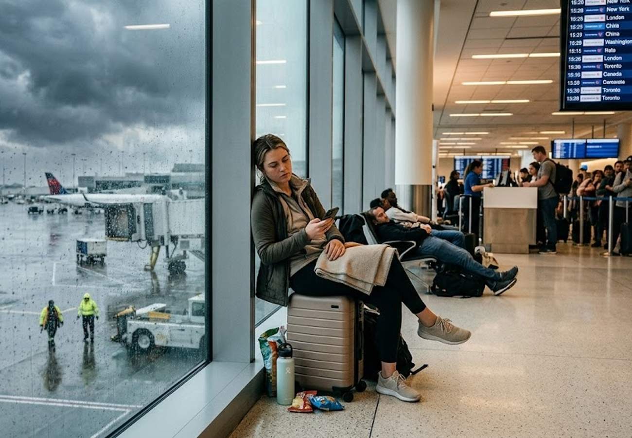 Airplane grounded on a rainy tarmac during a storm