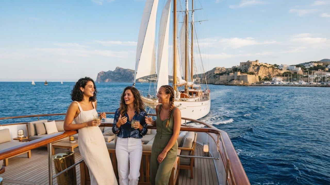 A luxury four-masted sailing yacht cruising along the Mediterranean coastline at sunset.