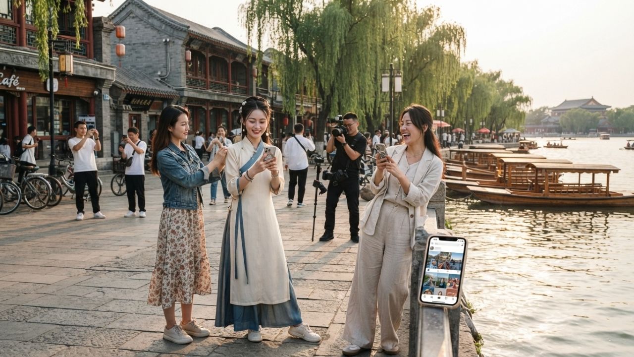 A traveler taking a scenic phone photograph of traditional red lanterns at a historic Chinese temple.