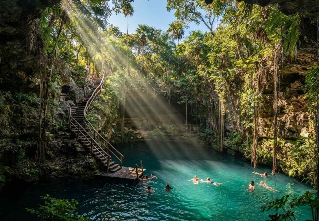 Aerial view of a limestone sinkhole cenote in the Yucatán jungle