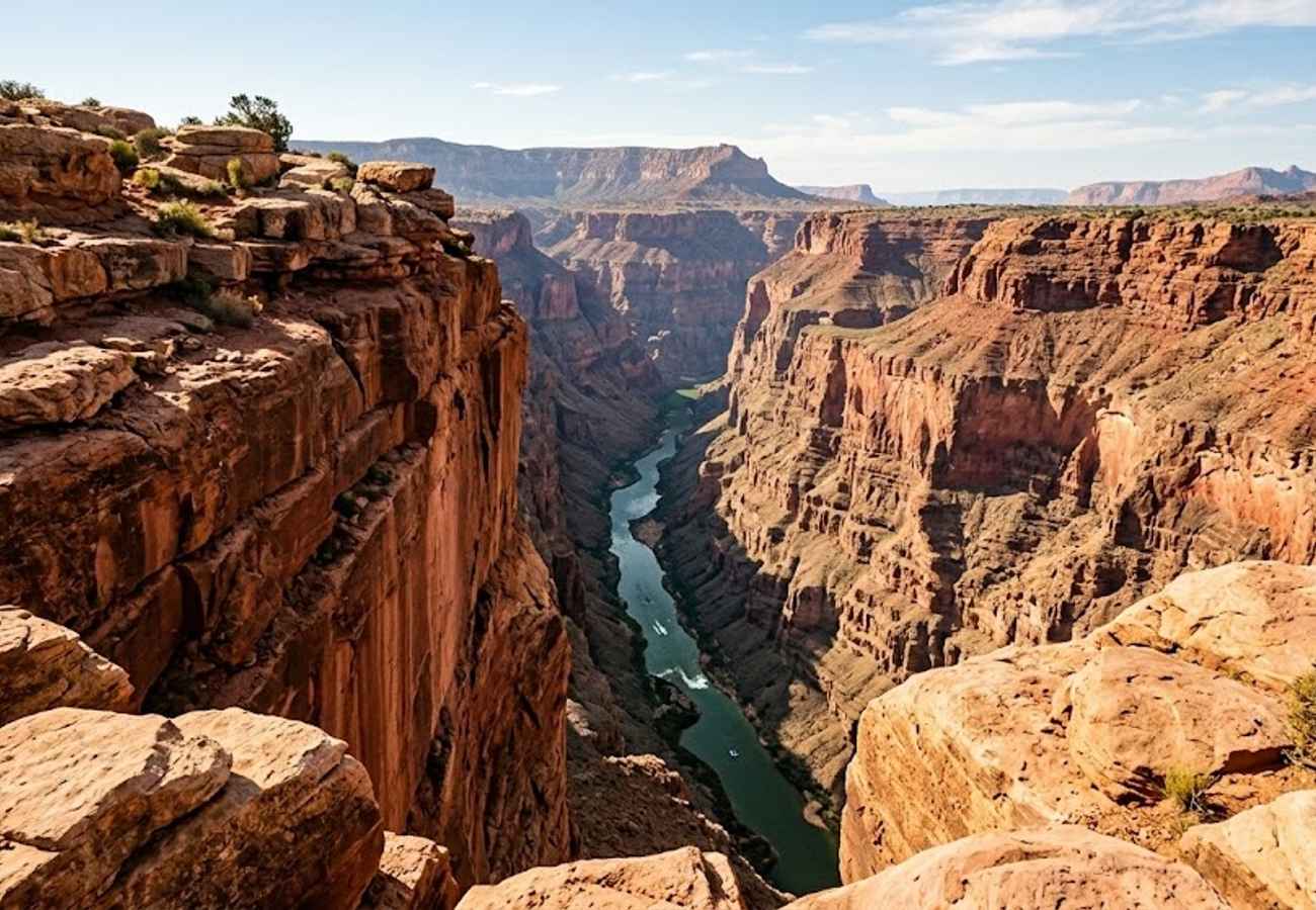 Sheer vertical 3,000-foot sandstone cliff dropping directly down to the green Colorado River in the remote western Grand Canyon
