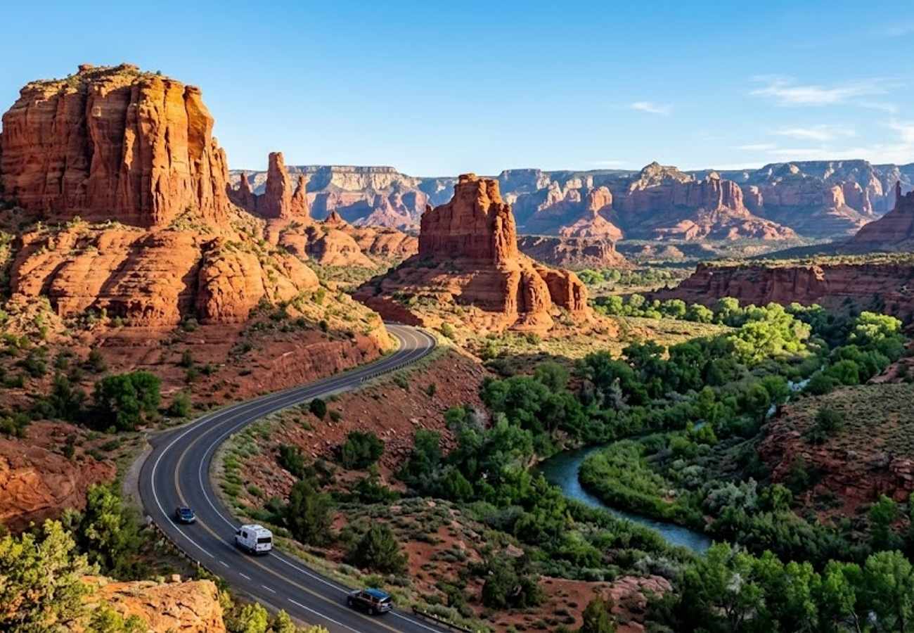Winding highway carving through towering red rock buttes and lush canyon creek beds in northern Arizona and southern Utah