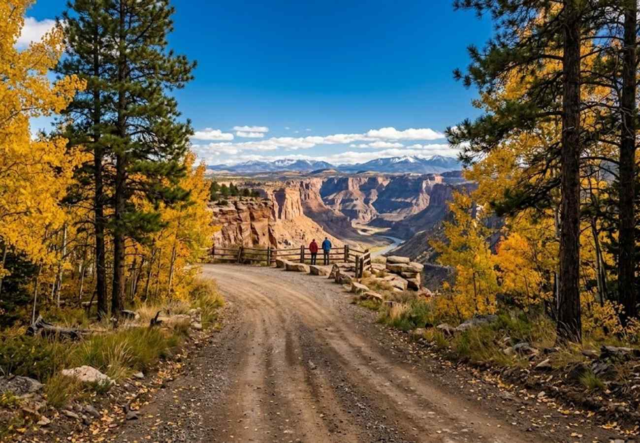High elevation alpine forest road flanked by golden aspens leading to a dramatic canyon rim overlook in the Southwest