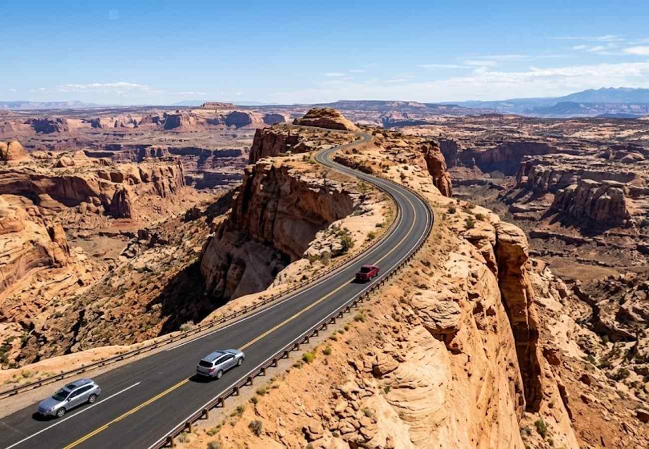 Spectacular winding asphalt highway carving atop a narrow mountain ridge with sheer dropoffs on both sides in Utah