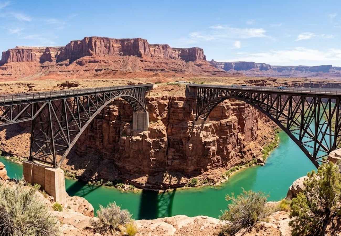 High suspension highway bridge spanning a deep red rock river chasm over turquoise waters with desert cliffs in the background