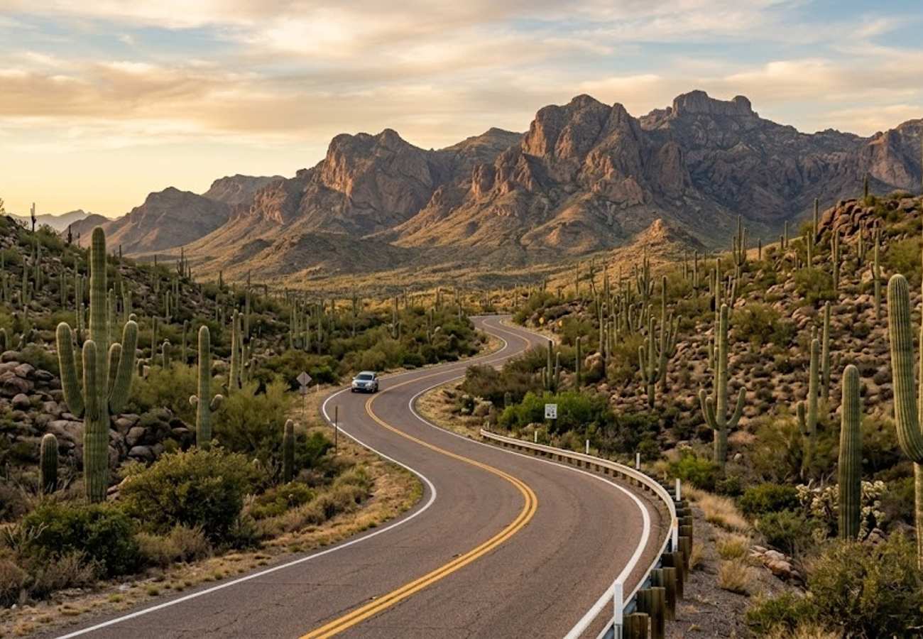 Scenic winding desert highway surrounded by massive saguaro cacti and jagged volcanic mountain peaks in central Arizona