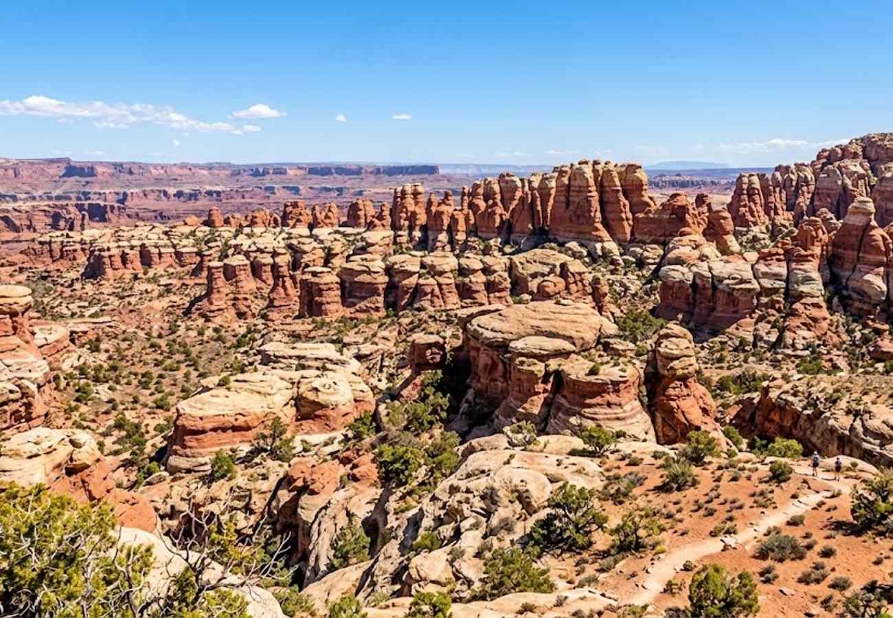 Vast landscape of colorful banded sandstone needle spires rising from a pristine desert wilderness under bright sunshine