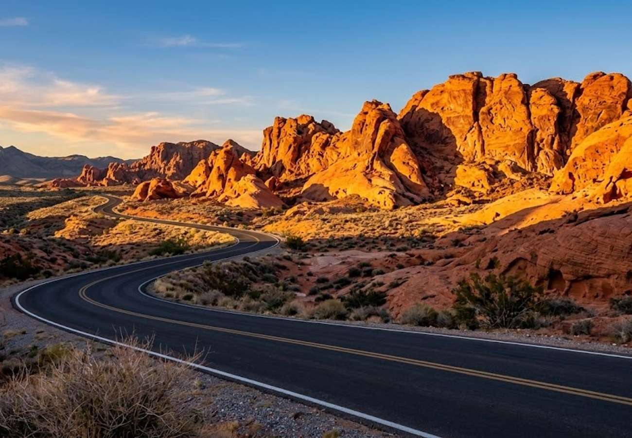 Vibrant fiery red Aztec sandstone rock formations glowing brilliantly against a pristine paved desert road in Nevada and Utah