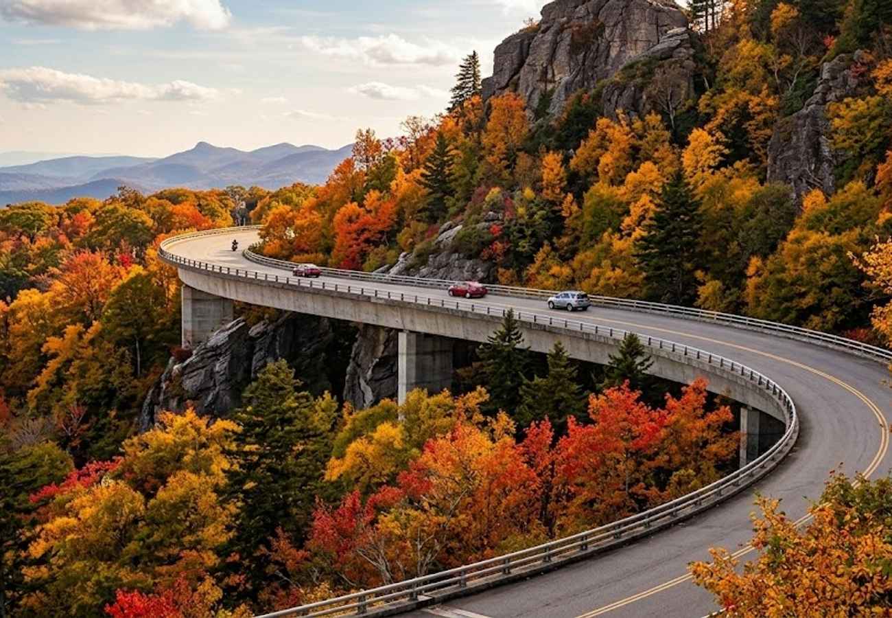 Curving elevated roadway of the Linn Cove Viaduct sweeping around the rugged rocky face of Grandfather Mountain