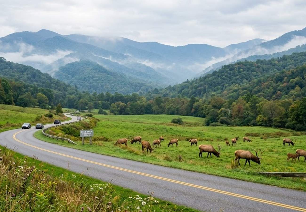 Wide mountain highway passing through open meadows where wild elk graze peacefully against a backdrop of mist-covered ridges