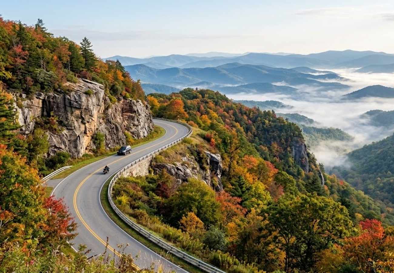 Winding mountain road descending past stone rock cuts and deep forested valleys near Little Switzerland in North Carolina