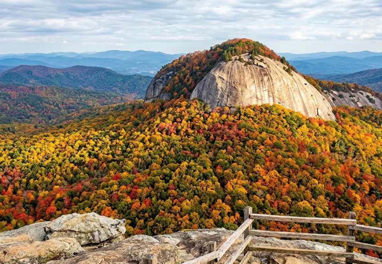 Massive granite pluton dome rising above a lush green forest canopy under dramatic sky in Pisgah National Forest