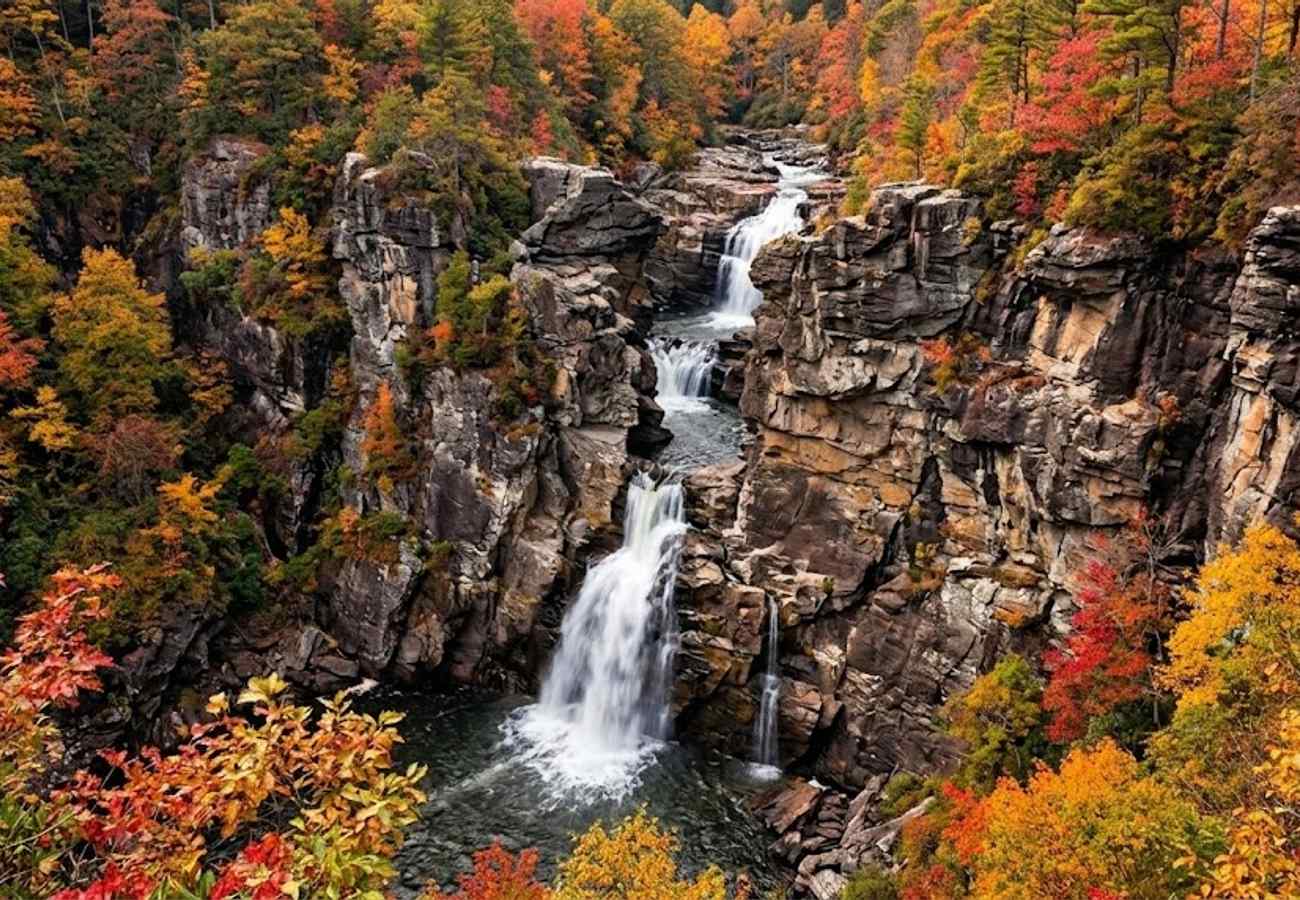 Multi-tiered waterfall cascading over rugged jagged stone cliffs into a deep mountain canyon surrounded by autumn trees