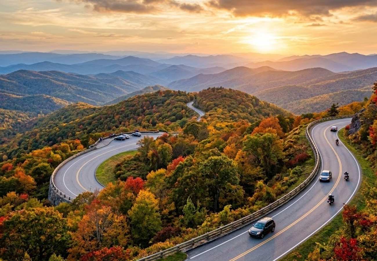 Dramatic winding mountain road curving along high alpine ridges overlooking layers of blue Appalachian mountain peaks