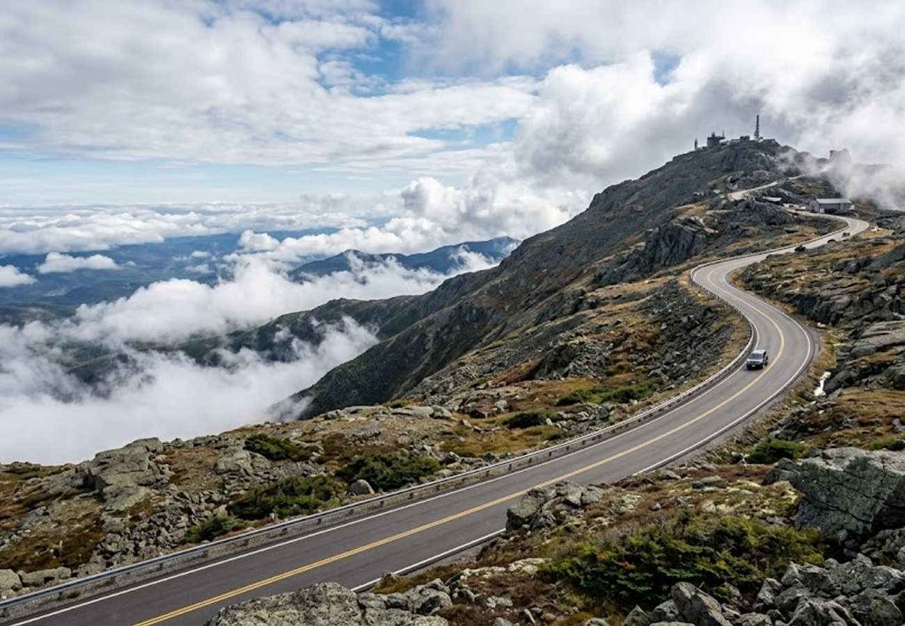 Paved mountain road climbing steeply above the alpine tree line toward the rocky summit of Mount Washington surrounded by clouds