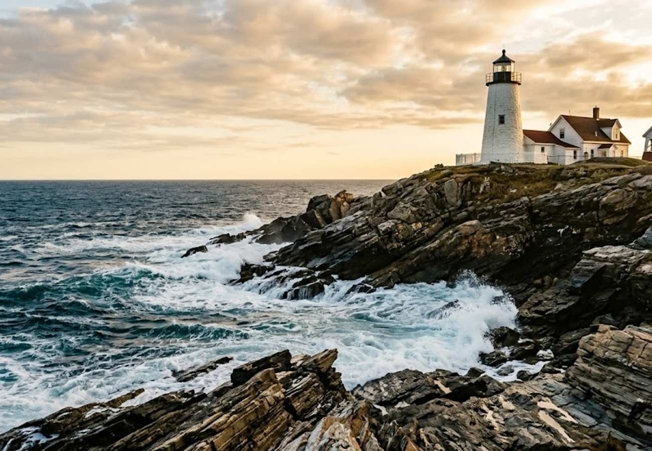 Historic white stone lighthouse standing on dramatic layered granite rock shelf over crashing ocean waves at Pemaquid Point
