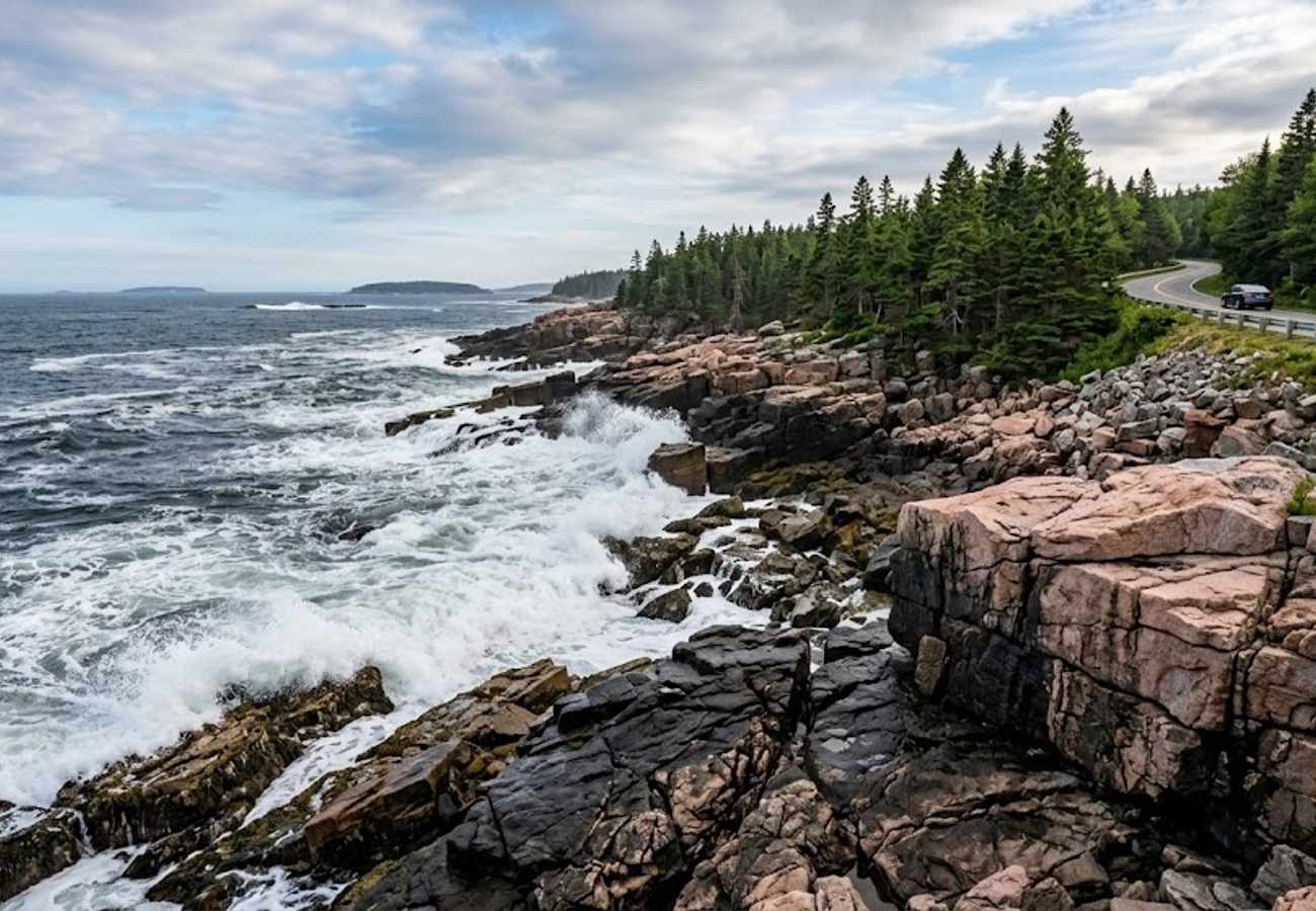 Crashing Atlantic ocean waves breaking over pink granite ledges at Schoodic Point under a brilliant coastal sky