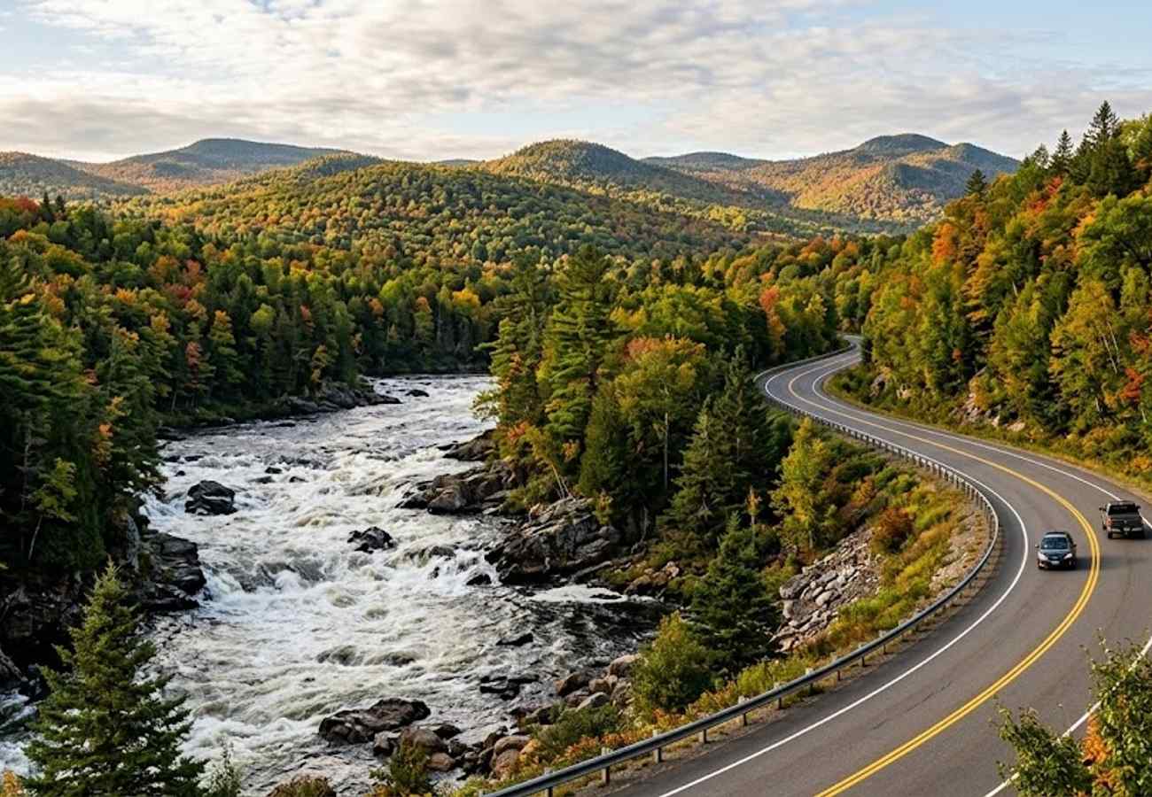 Wide northern river framed by deep evergreen forests and rolling mountain wilderness along a scenic highway in Maine