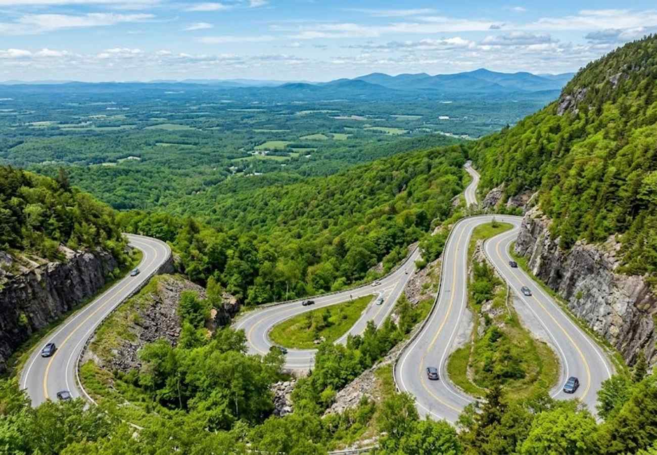 Curving asphalt mountain pass winding past steep rocky drops with panoramic views of rolling green hills in Vermont