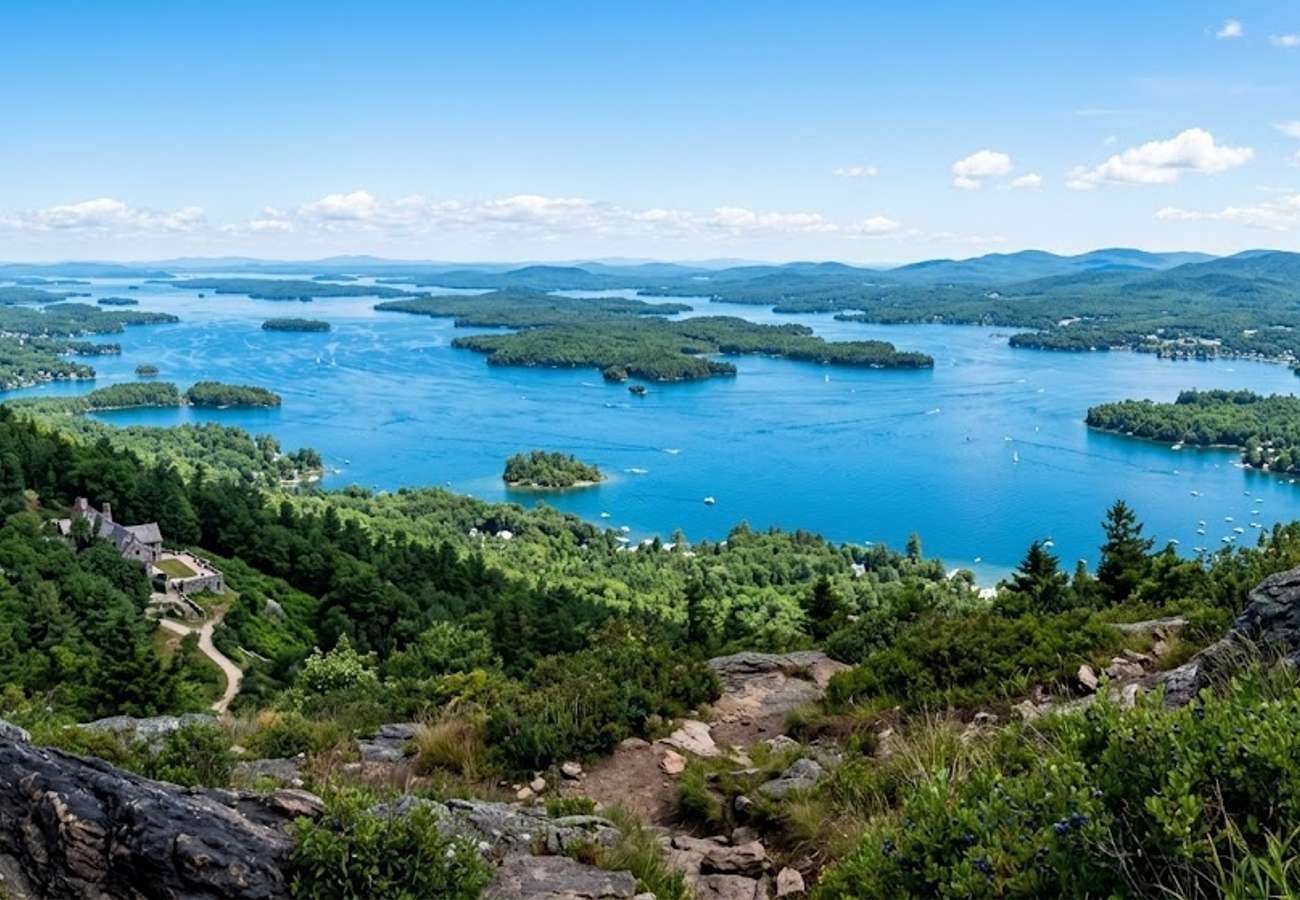 Panoramic view of a sprawling blue lake dotted with forested islands beneath mountain peaks in New Hampshire