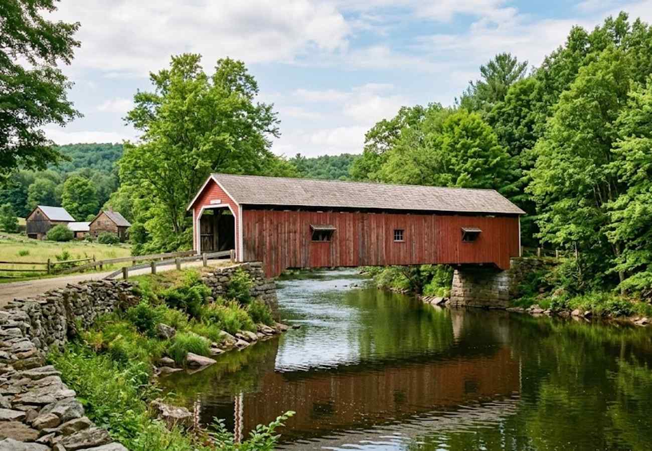Charming wooden red covered bridge over a tranquil river framed by green trees and small historic New England farmsteads