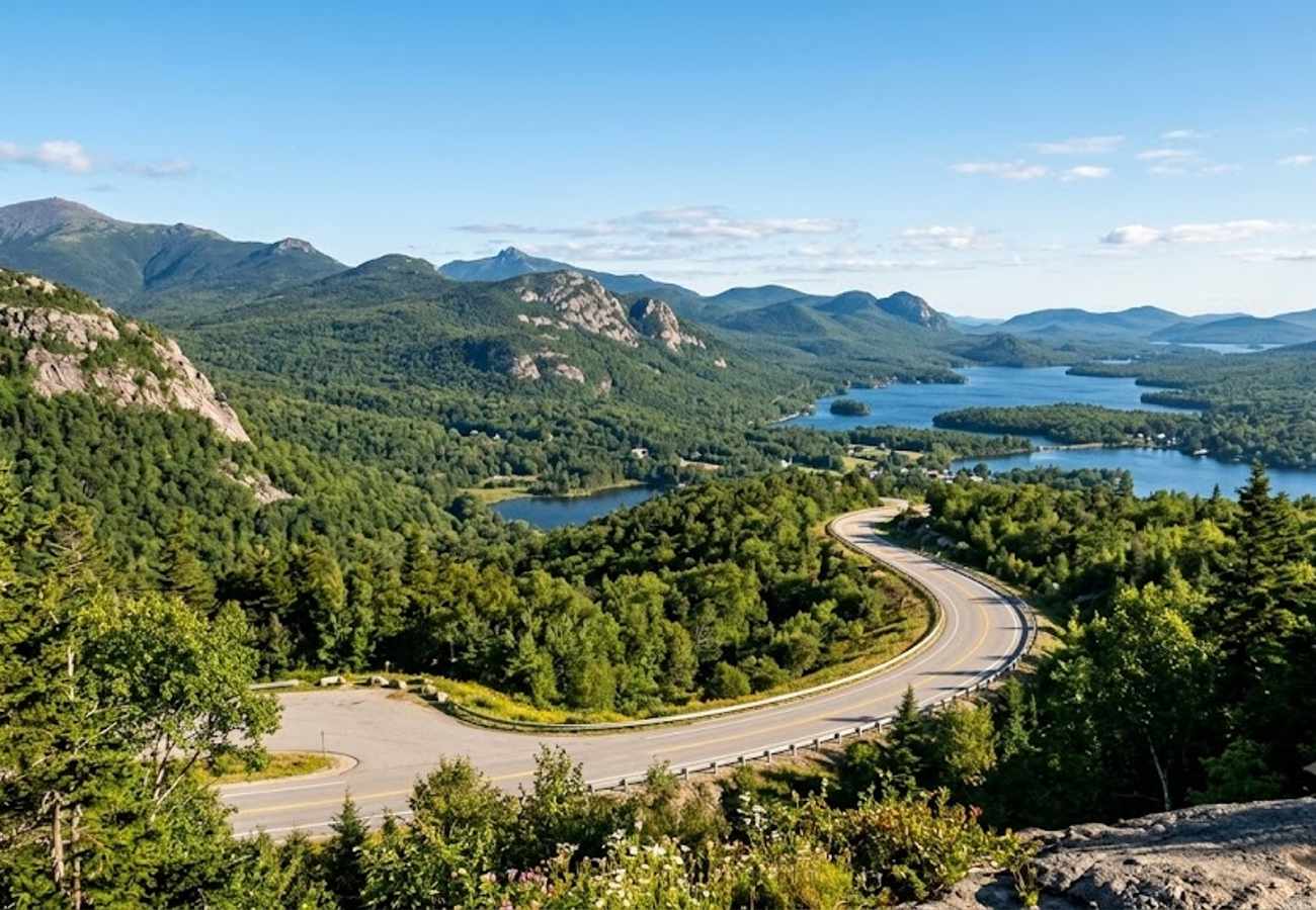 Scenic paved mountain road winding through northern New England hills with dramatic granite peaks and deep forested valleys