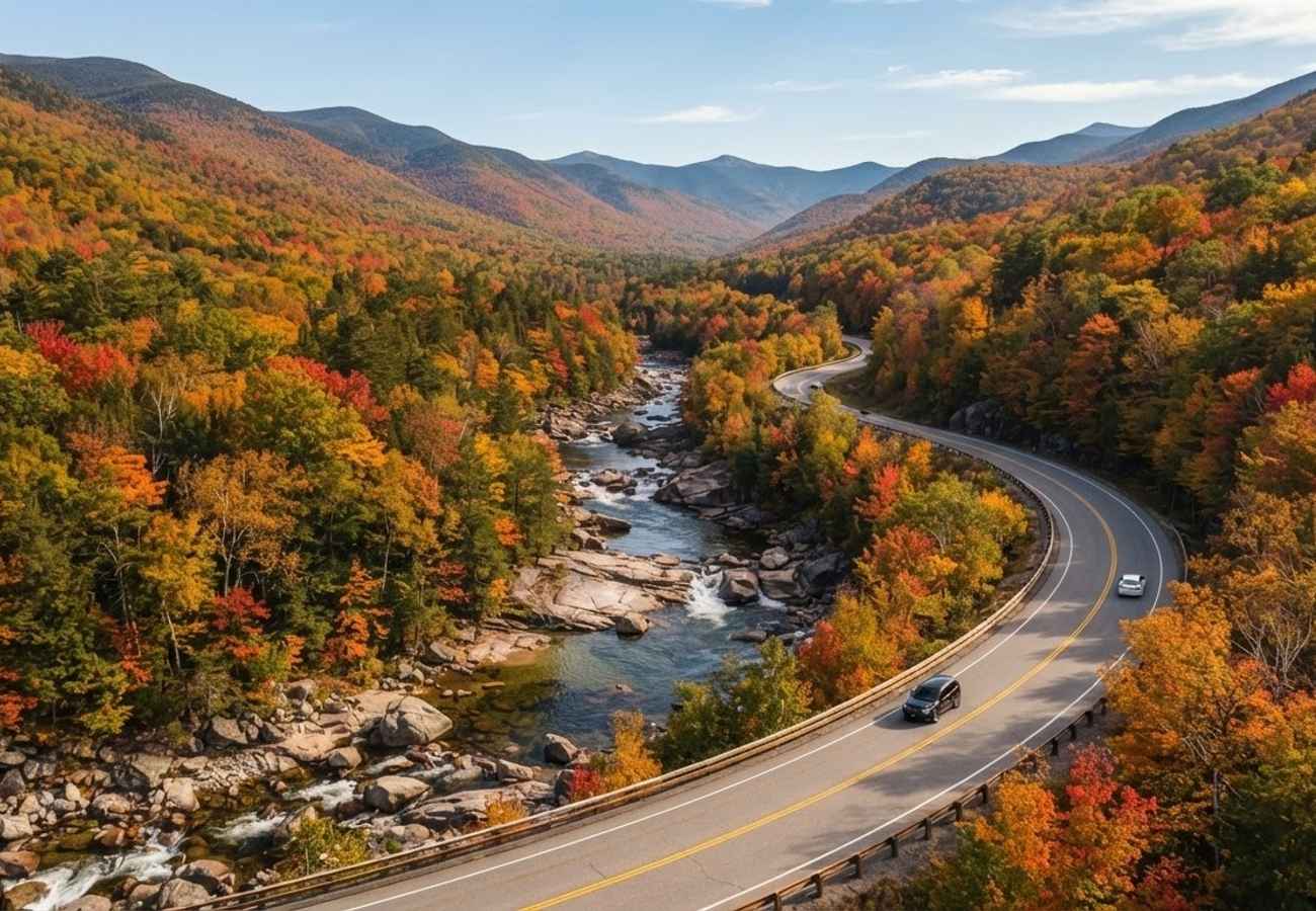Aerial view of the Kancamagus Highway winding through a glowing canopy of yellow birch and crimson sugar maples in New Hampshire