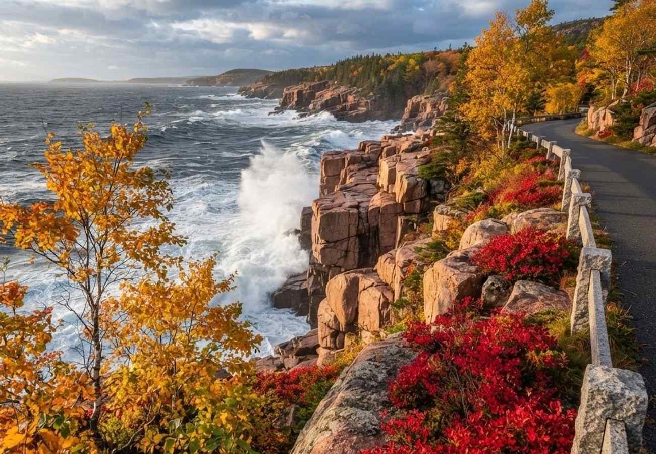 Rugged rocky coastline with waves crashing against granite shores backed by vibrant yellow birch and red blueberry bushes