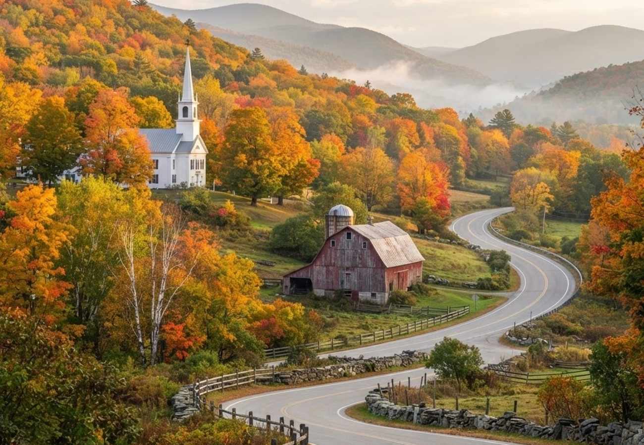 Classic white church steeple surrounded by fiery autumn foliage along Vermont Route 100