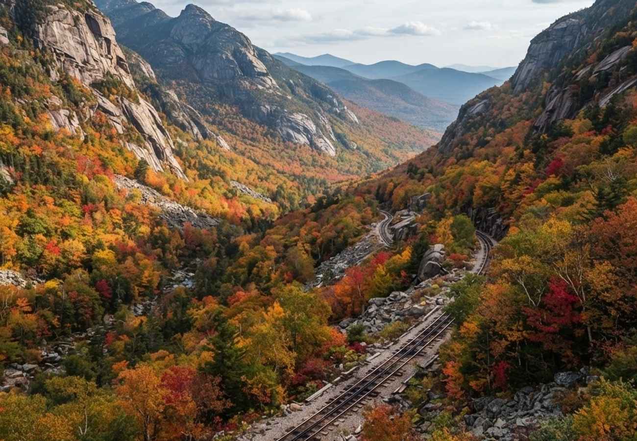 Historic steam cog train ascending the steep slopes of Mount Washington framed by vibrant fall foliage in Crawford Notch