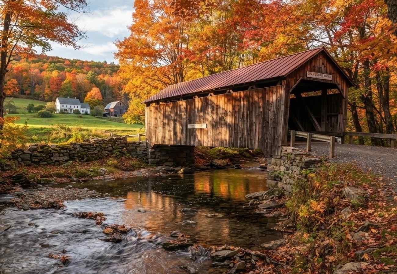 Scenic covered bridge crossing a creek surrounded by orange and amber trees in Bennington County, Vermont