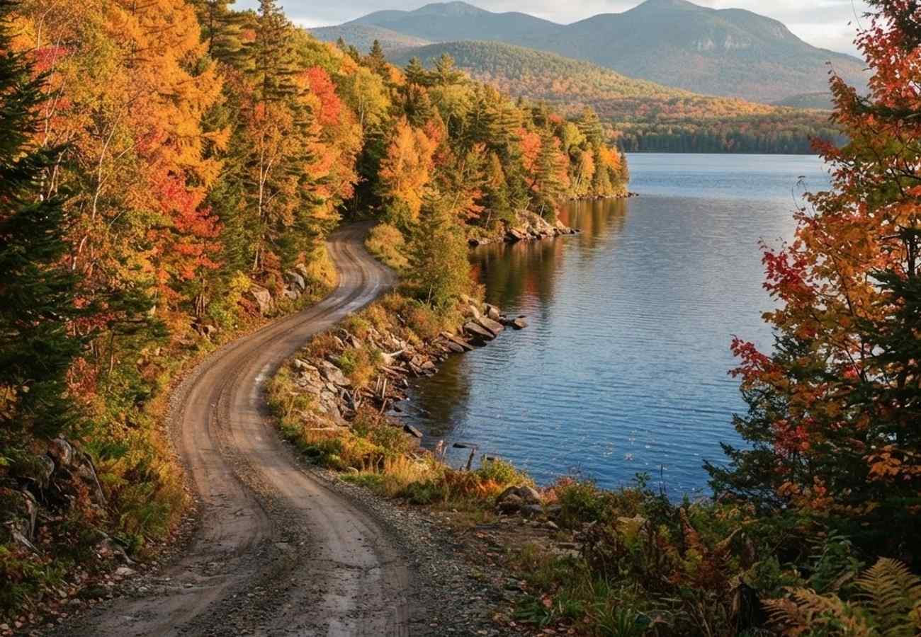 Pristine wilderness roadway near Moosehead Lake lined with golden tamaracks and fiery red maples under a clear blue sky